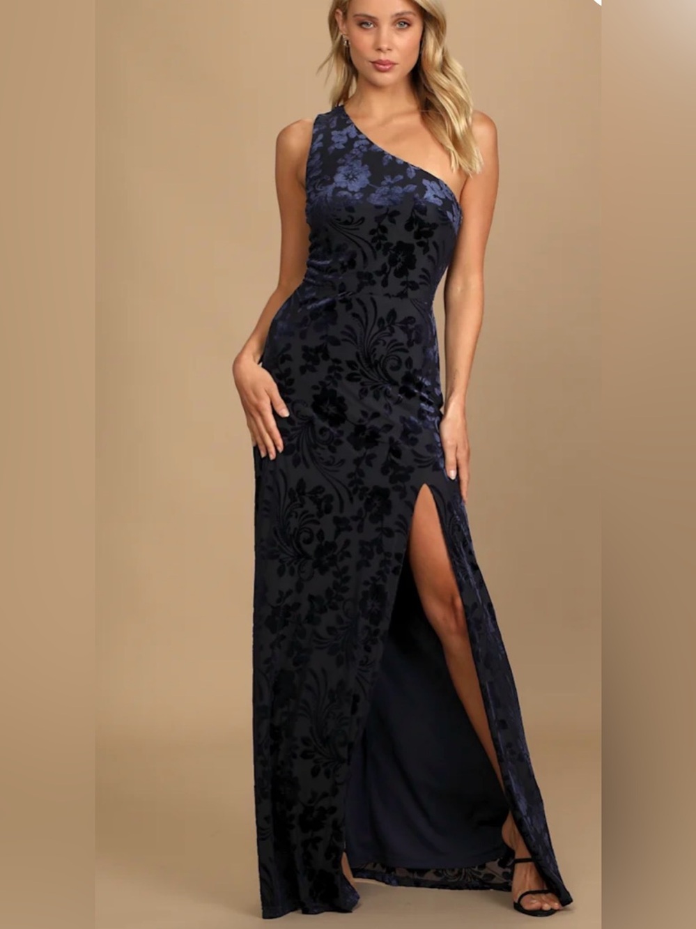 Like new Lulus Marvelous Moi Navy Blue Burnout Velvet One Shoulder Maxi Dress